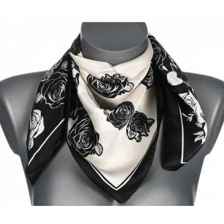 Chusta damska apaszka SATYNOWA gawroszka GB-29 biała w czarne róże