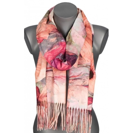 Szalik damski szal jesień zima KWIATY na prezent z frędzlami RC15-8 bordowy