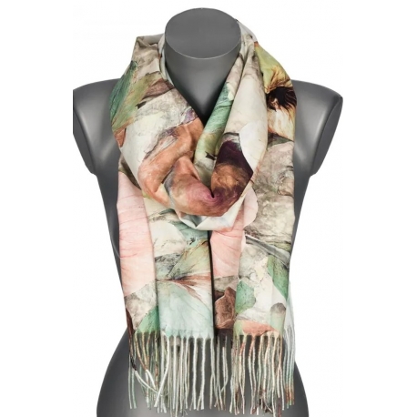 Szalik damski szal jesień zima KWIATY na prezent z frędzlami RC15-7 zielony