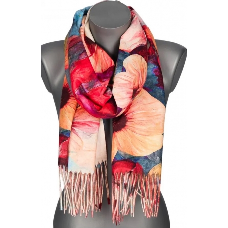 Szalik damski szal jesień zima KWIATY na prezent z frędzlami RC15-4 niebieski