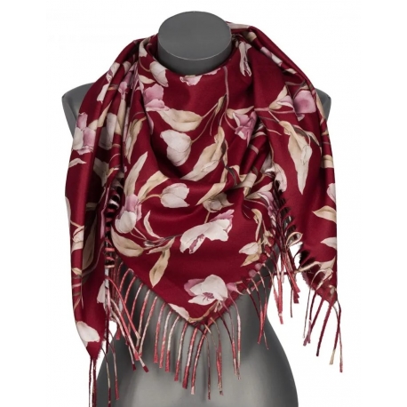 Chusta damska przejściowa w KWIATY na prezent z frędzlami RCC28-6 bordo