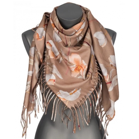 Chusta damska przejściowa w KWIATY na prezent z frędzlami RCC28-4 beżowa
