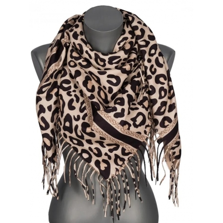 Chusta damska przejściowa w PANTERKĘ na prezent z frędzlami RCC8-1 beżowa
