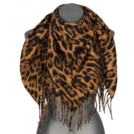 Chusta damska przejściowa w PANTERKĘ na prezent z frędzlami RCC26-1 beżowy