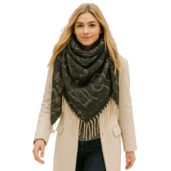 Chusta damska bawełniana KOTY ciepła duża 135x135 z frędzlami XAC-13-2 czarny