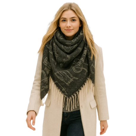 Chusta damska bawełniana KOTY ciepła duża 135x135 z frędzlami XAC-13-2 czarny