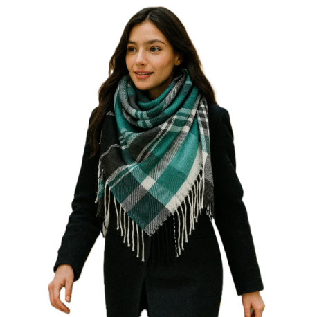 Chusta DUŻA zimowa ciepła krata REC-75-4 turkus