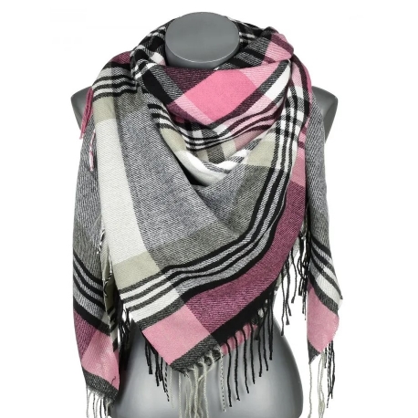 Chusta damska bawełniana KRATA ciepła duża 140x140 z frędzlami REC-75-6 różowy