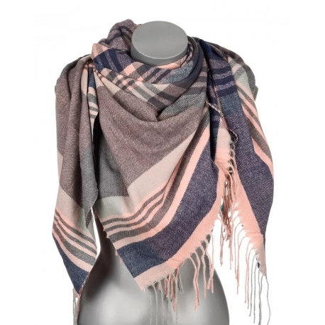 Chusta damska bawełniana KRATA ciepła duża 140x140 z frędzlami REC-75-5 brudny róż