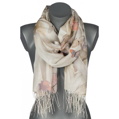 Szalik damski szal cienki wiosenny modny wzór w MOTYLKI 180cm RC-31-2 zielony