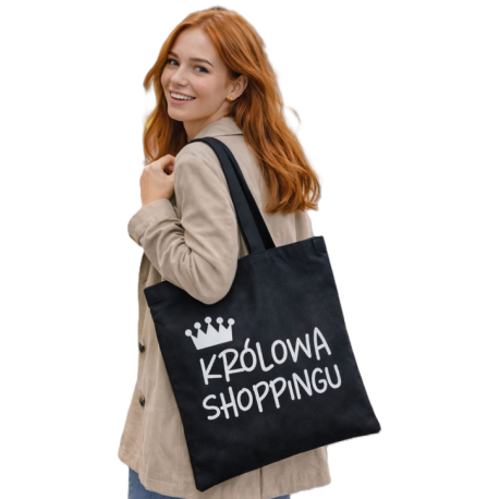 Torba na zakupy z nadrukiem KRÓLOWA SHOPPINGU KORONA na zamek TA-44 czarny