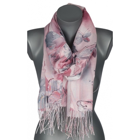 Szalik damski szal cienki wiosenny modny wzór w MOTYLKI 180cm RC-31-3 bordowy