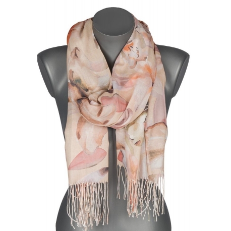 Szalik damski szal cienki wiosenny wzór w LILIE KWIATY 180cm RC-30-5 beżowy