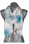 Szalik damski szal cienki wiosenny wzór w LILIE KWIATY 180cm RC-30-7 niebieski