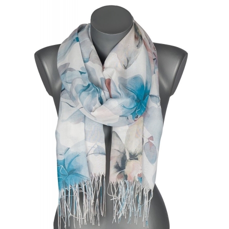 Szalik damski szal cienki wiosenny wzór w LILIE KWIATY 180cm RC-30-7 niebieski