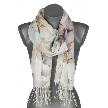 Szalik damski szal cienki wiosenny wzór w LILIE KWIATY 180cm RC-30-3 zielony