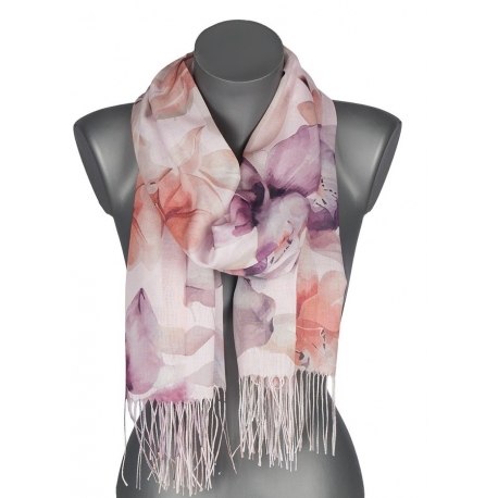 Szalik damski szal cienki wiosenny wzór w LILIE KWIATY 180cm RC-30-6 róż