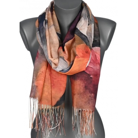Szalik damski szal cienki wiosenny wzór KWIATY OBRAZ 180cm RC-13-8 pomarańczowy