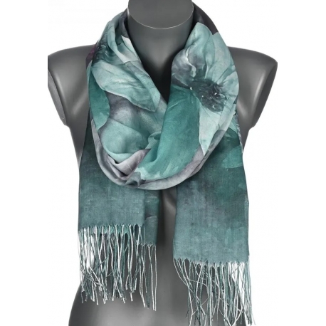 Szalik damski szal cienki wiosenny wzór KWIATY OBRAZ 180cm RC-13-2 zielony