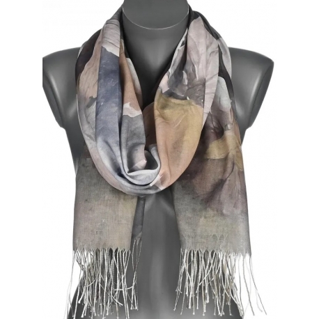 Szalik damski szal cienki wiosenny wzór KWIATY OBRAZ 180cm RC-13-5 Brązowy