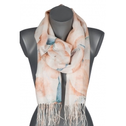 Szalik damski szal cienki wiosenny wzór w KWIATY FIOŁKI 180cm RC-33-6 Beżowy