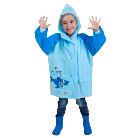 Płaszcz Przeciwdeszczowy dziecięcy z daszkiem nadruk SHARK 125-135cm PEL-DZ-12XL niebieski
